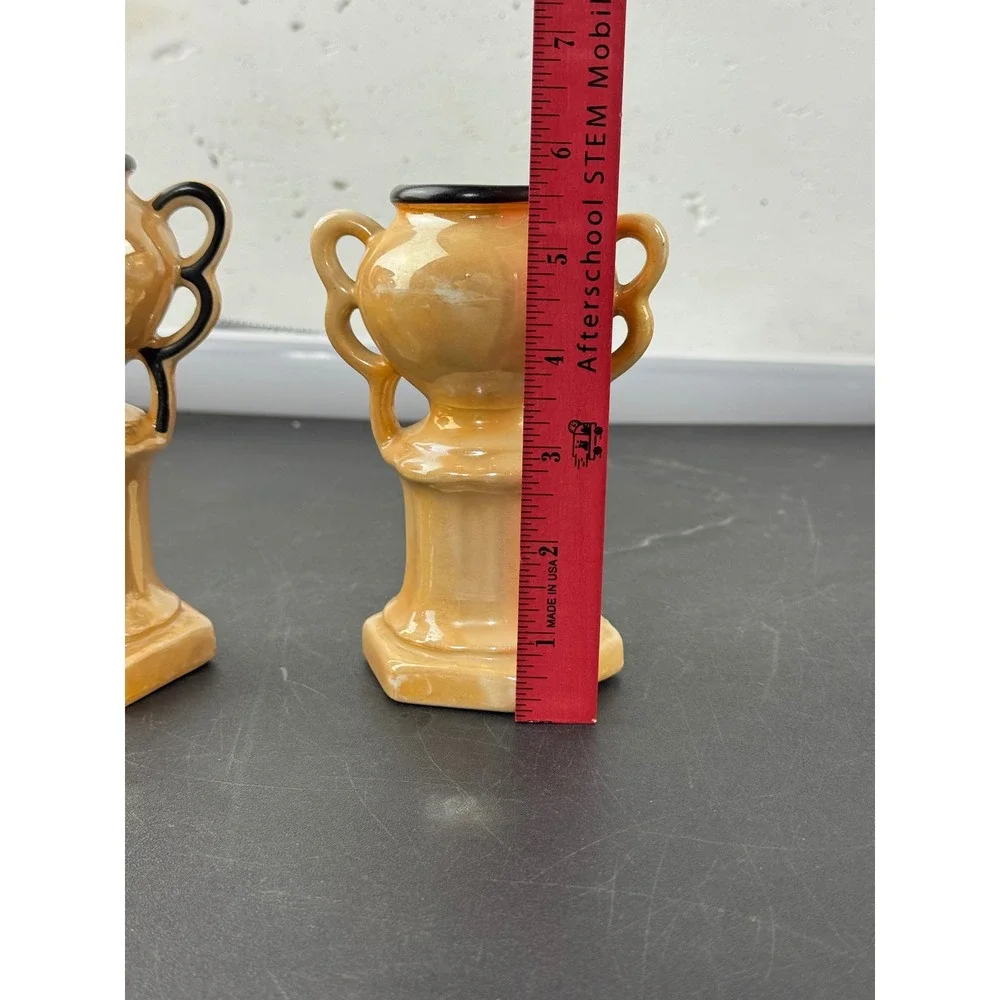 Vintage Czech Lusterware Miniature Trophy Vases Peach Iridescent Art Deco